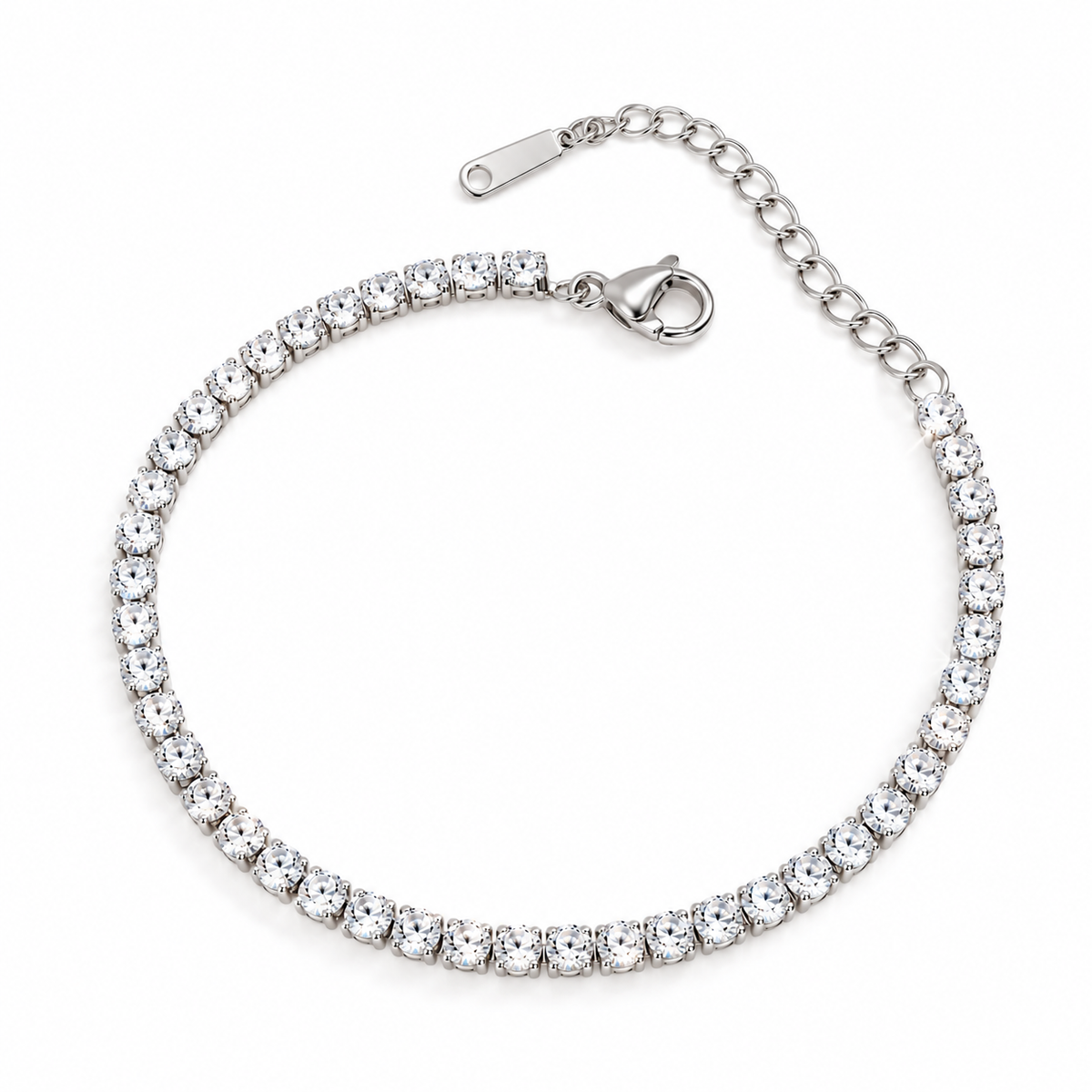 A silver tennis bracelet with clear round-cut stones, featuring a lobster clasp and an adjustable link chain extender on a white background.
