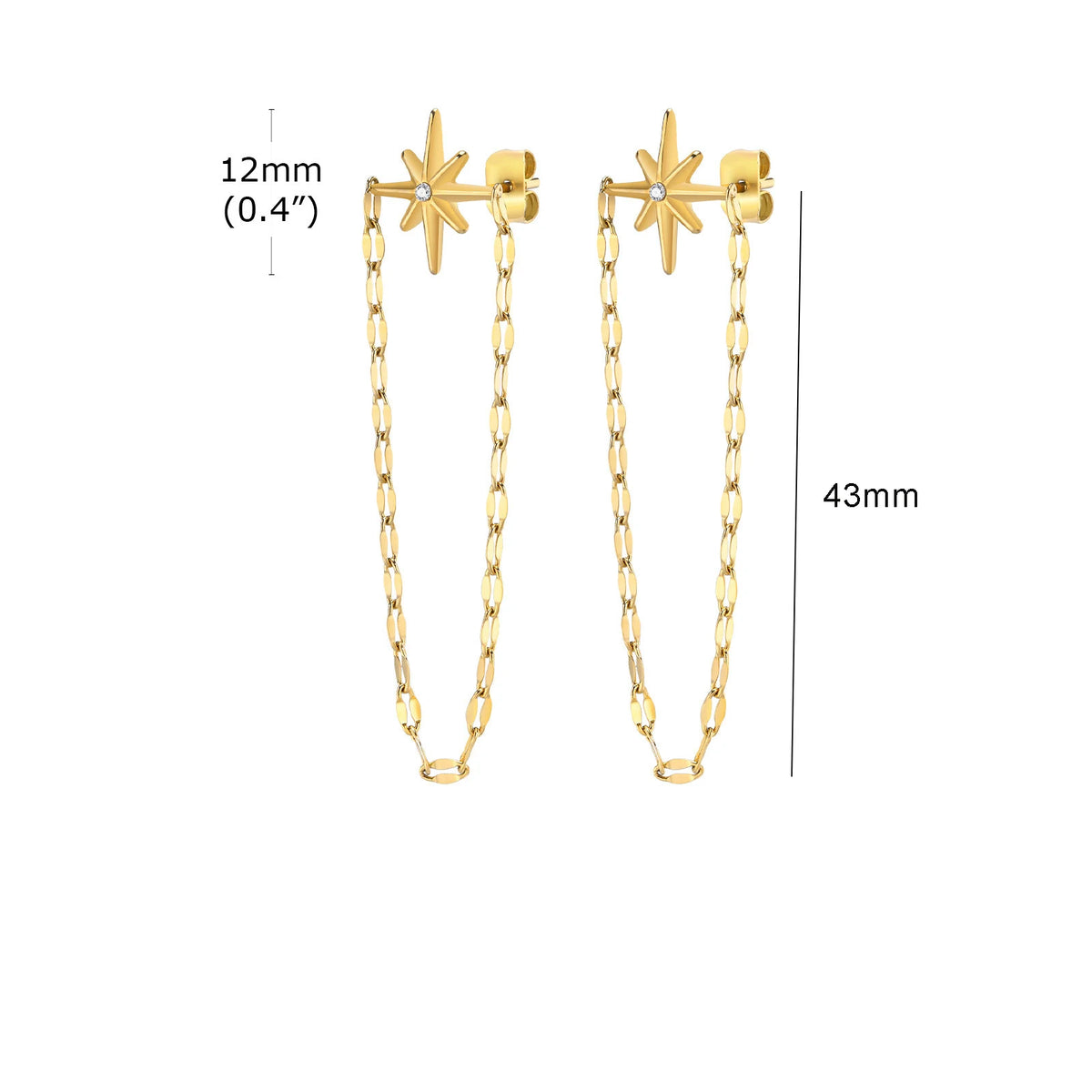 Gold-toned dangle earrings with starburst studs and chain drops, shown on a white background with dimension labels indicating 12mm (0.4") and 43mm.