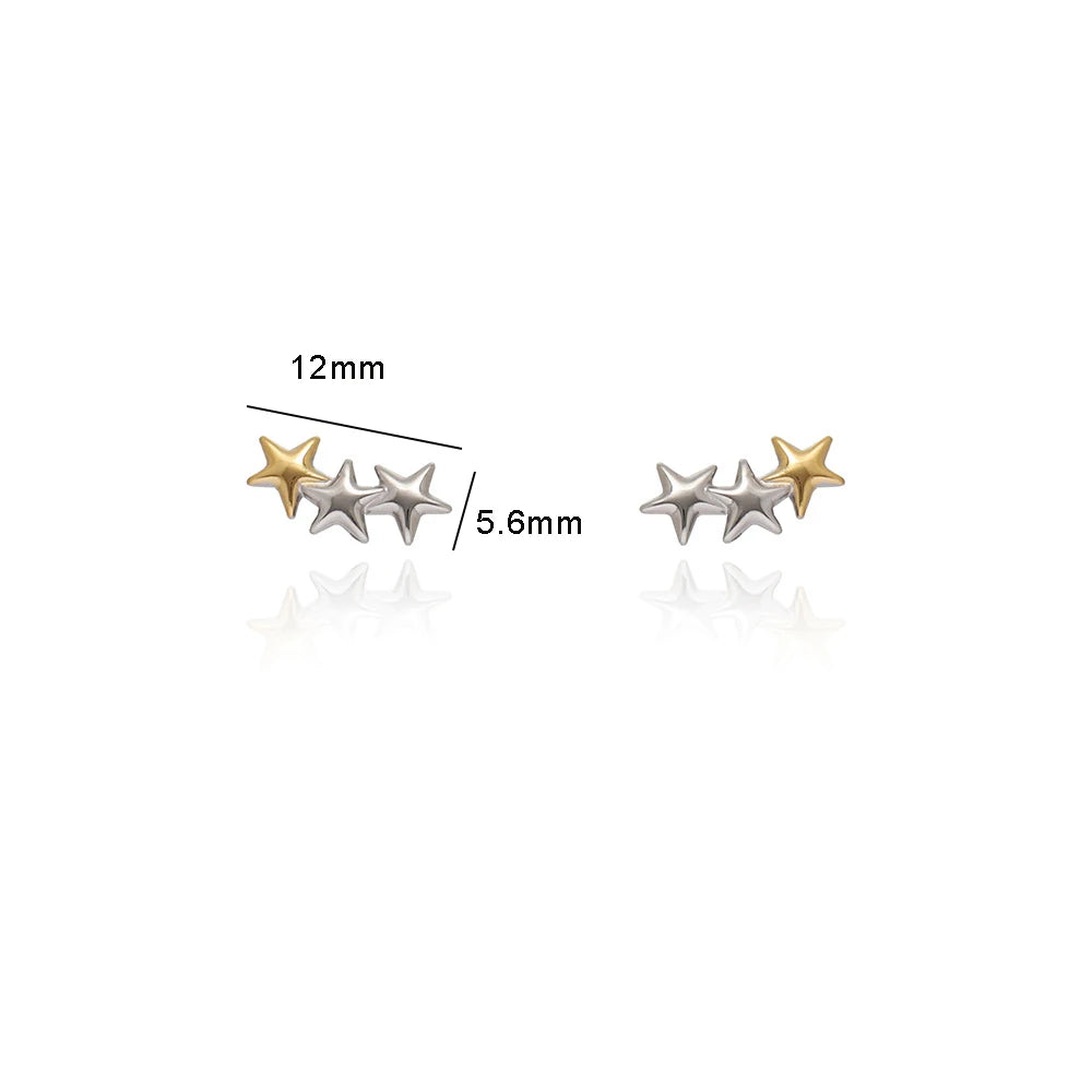 Two pairs of small star stud earrings on a white background, with measurement lines showing 12mm width and 5.6mm height.